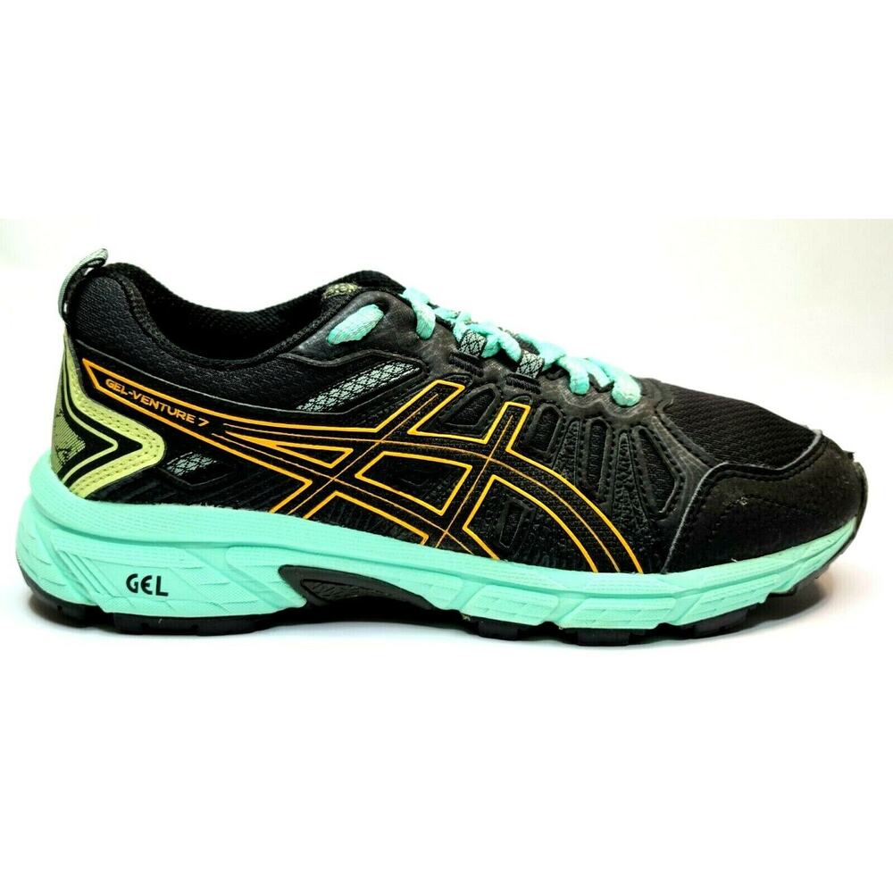 Asics Womens Gel-Venture 7 Sz 7 Running Trail Shoes Black/Orange Pop Teal 1012A4